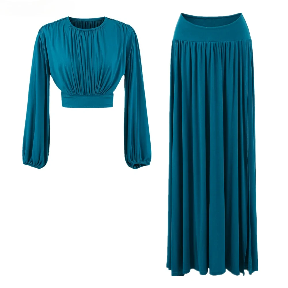 2 pieces 1 Set 2025 Women O neck Knit Cotton Long Bat Sleeve T-shirt High Waist Pleated Ruched Swing Slit Skirt