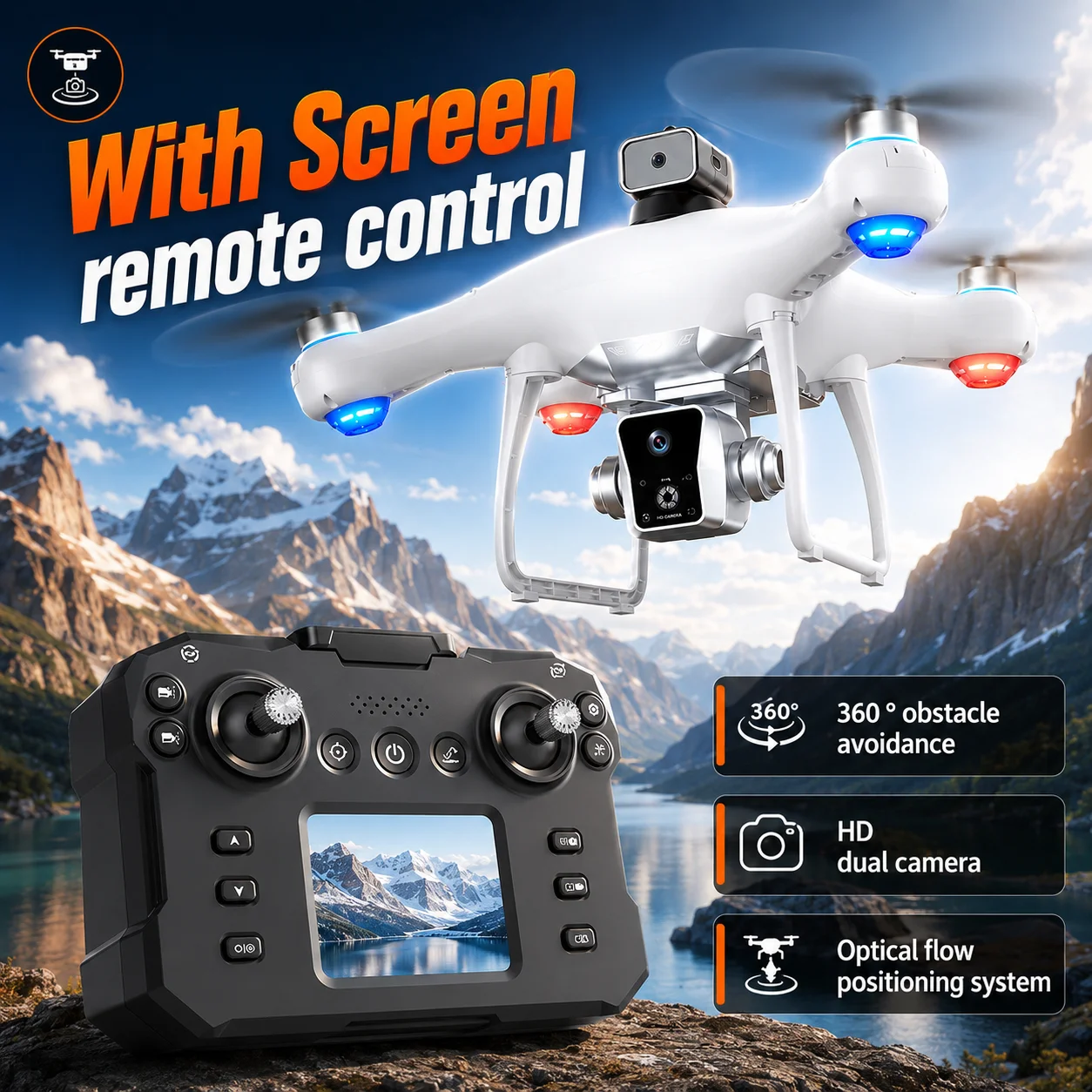 ZNLYRION KY102 Brushless Drone With Screen Remote 360 Obstacle Avoidance HD Dual Camera Optical Flow Hover Color LED Light RC Aerial Quadcopter - view 5