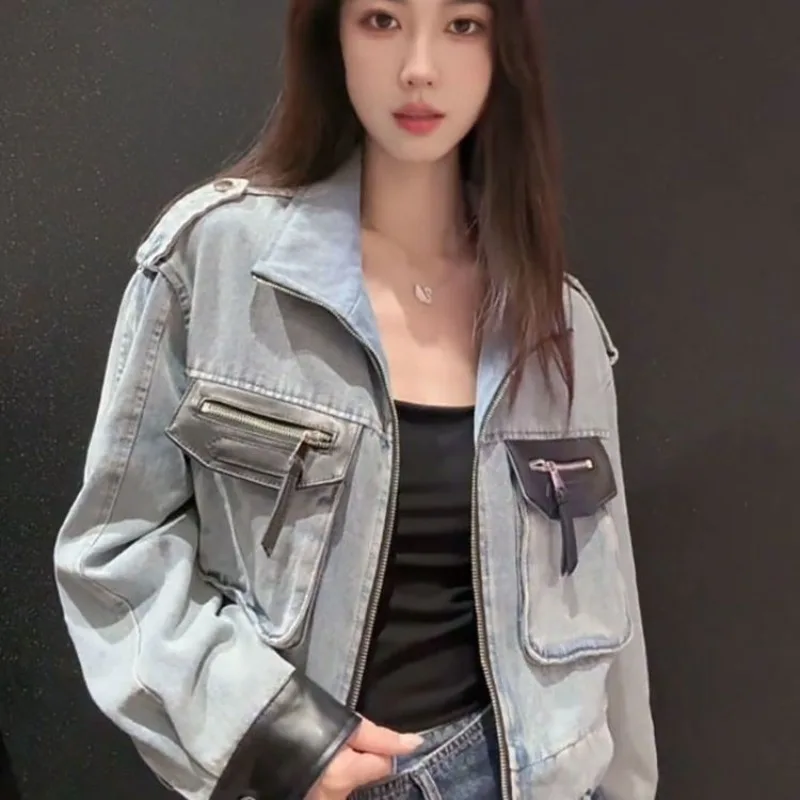 Retro Large Size Short Denim Jacket Women's Autumn New Small Loose Zipper Tooling Jacket Exquisite and Simple Temperament Casual
