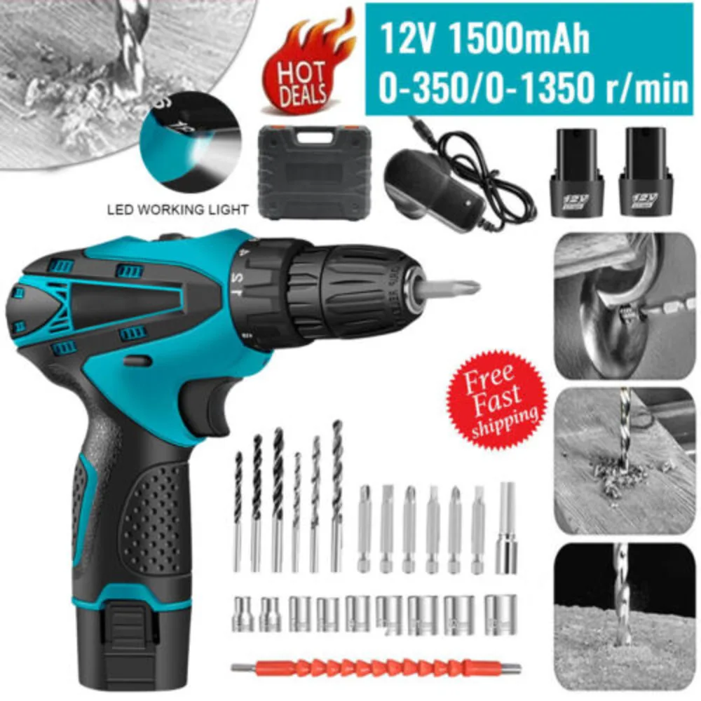 12V Cordless Drill Electric Screwdriver Power Driver Combi Drills Kit +2 Battery