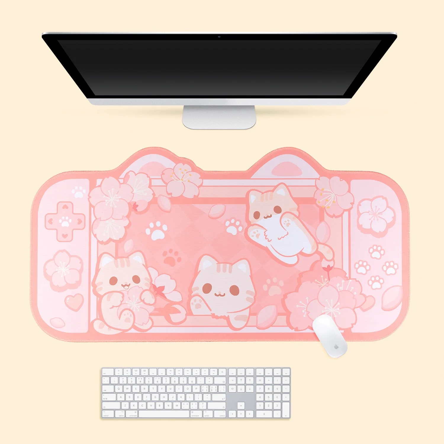 Sakura Cat XXL Gaming Mouse Pad - Pink Cute Cat Ear Design, Non-Slip Thickened Soft Desk Mat for Keyboard & Mouse , Wrist Rest