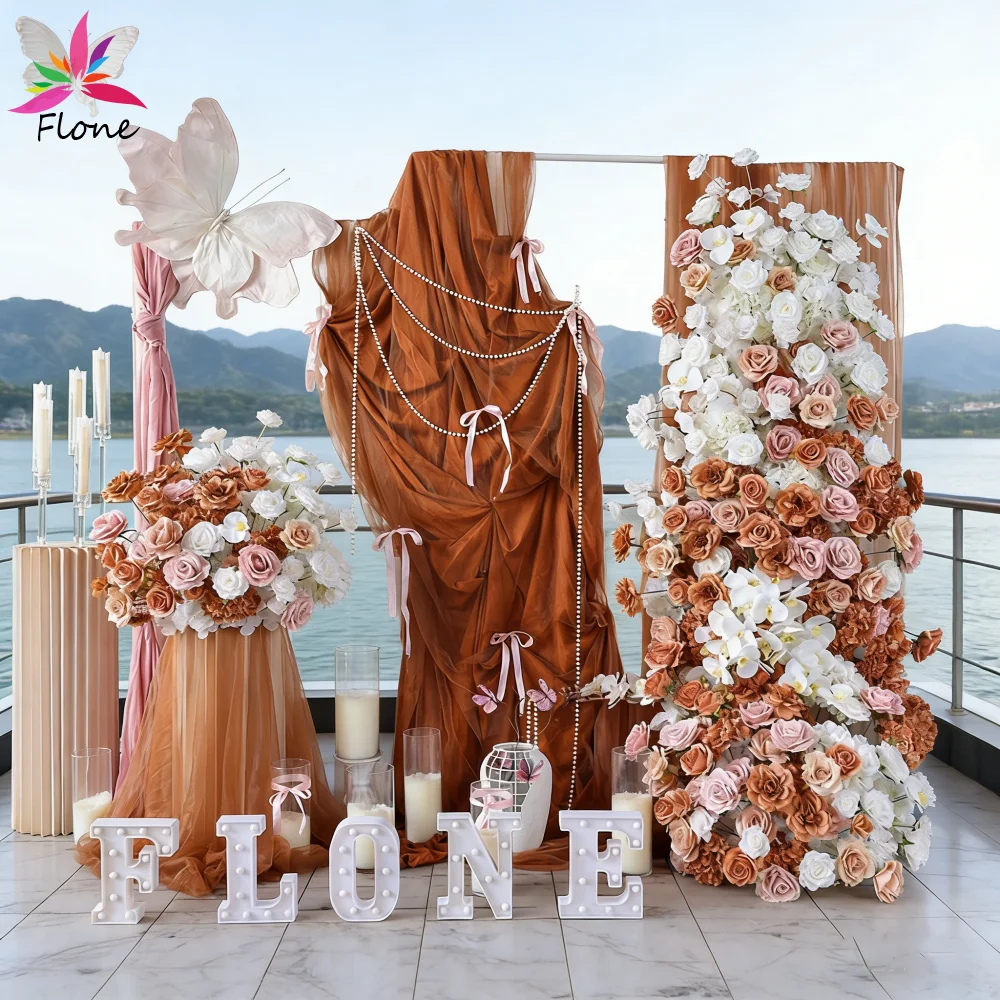 

Luxury White & Brown Silk Artificial Roses Flower Row Floor Flower Arrangement - Wedding Anniversary Party DIY Decoration FL2963
