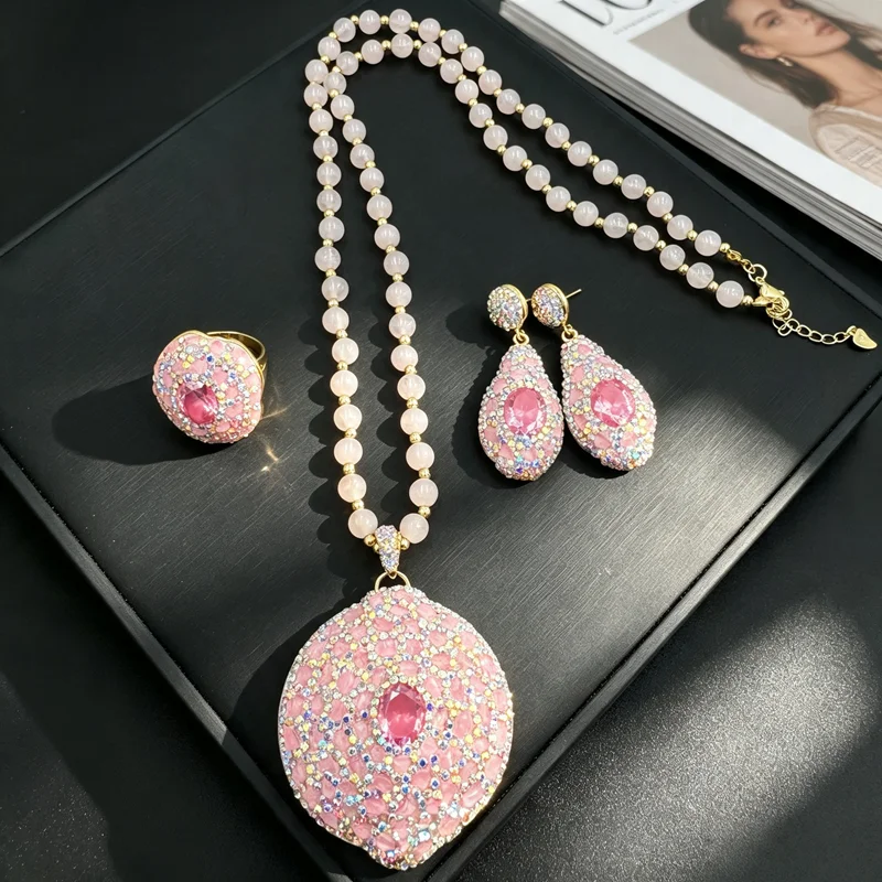 Raw Natrual Pink Zircon Quartz Crystal 3PCS Necklace Earring Ring Jewelry for Women Vintage Gemstone Designer Jewelry Set