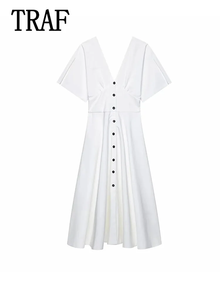 ONKOGENE V-ausschnitt Sexy Chic Frauen Kleid Ärmel Taste Kurzarm Langes Kleid Neue Mode 2025,