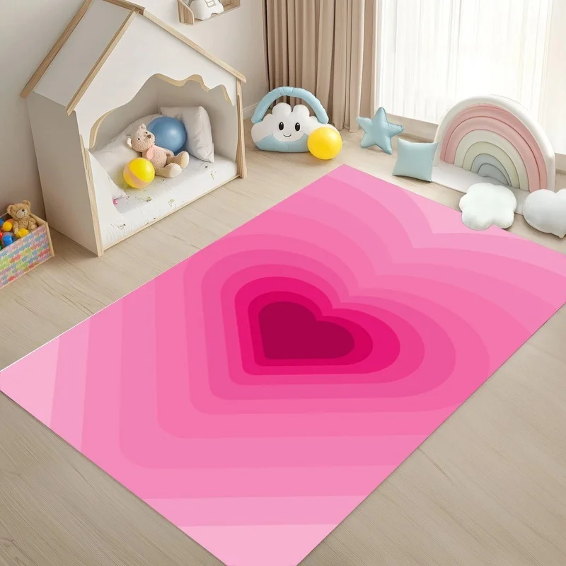 Cute Gradient Pink Concentric Heart Area Rug Soft Anti Slip  Carpet Playroom Bedroom Indoor Home Decor Mat