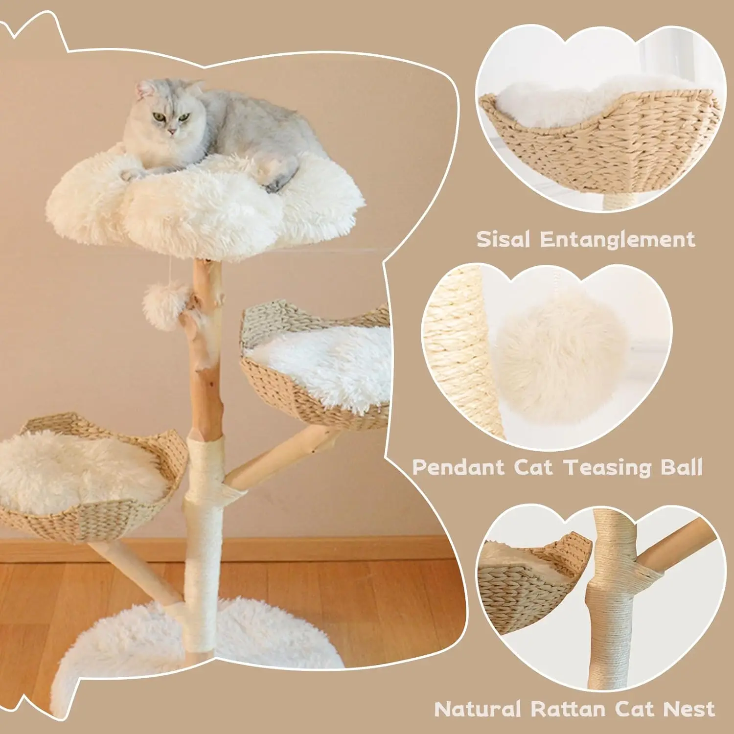 Real Wood Modern Cat Tree Tower for Indoor Cats Large Adult, Wooden Cat Tower with Scratching Post and Bed, Unique Handmade