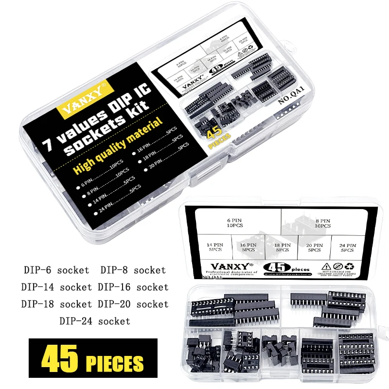 7 values kit IC Sockets DIP-6 DIP-8 DIP-14 DIP-16 DIP-18 DIP-20 DIP-24 pins Connector DIP Socket 6 8 14 16 18 20 24 pin 45 pcs