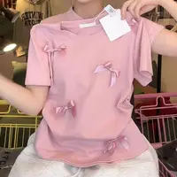 Camisetas elegantes con lazo de Ballet para mujer, Top de estilo japonés con cuello redondo, Top corto de manga corta con cinta de Color sólido, camiseta sin mangas para mujer y niña