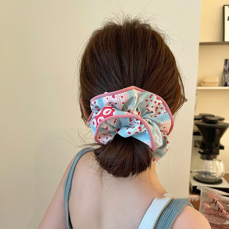 Grandes Scrunchies Elastic Hair Bandas para Mulheres, Sweet Flower Hair Laços, Ponytail Head Rope, Acessórios para Cabelo, Nova Impressão, Moda