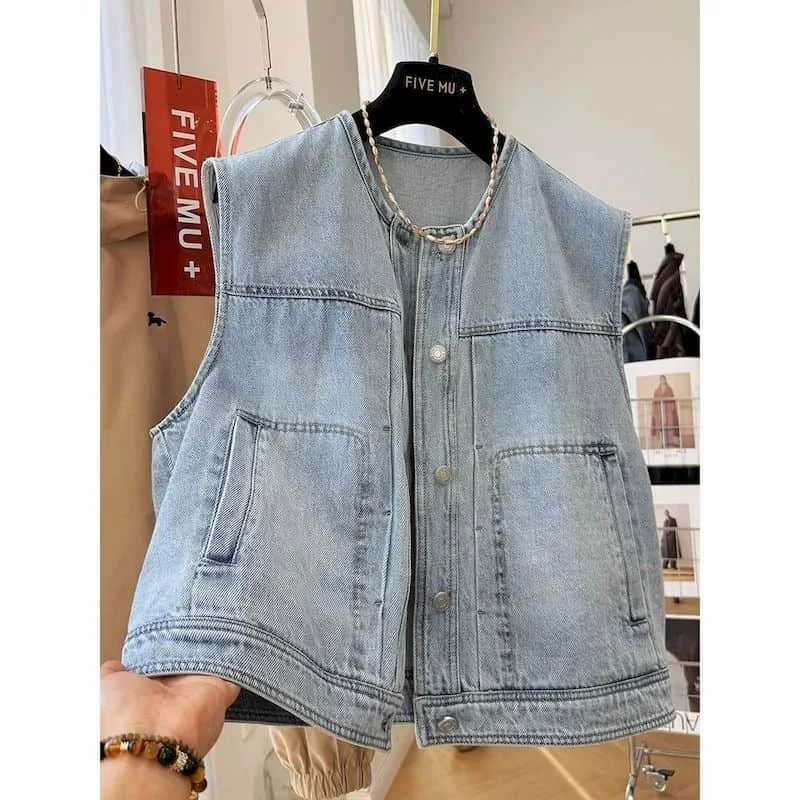 

Pop Denim Vest For Women O-neck Waistcoats Aesthetic Casual Cardigans Korean Style Oversized Sleeveless Cropped Coats Women Clot