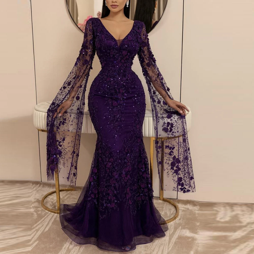 

Customized Purple Floral Lace Evening Dress Cape Sleeve Flower Mermaid Special Occasion Dresses Fishtail Wedding Party Gown