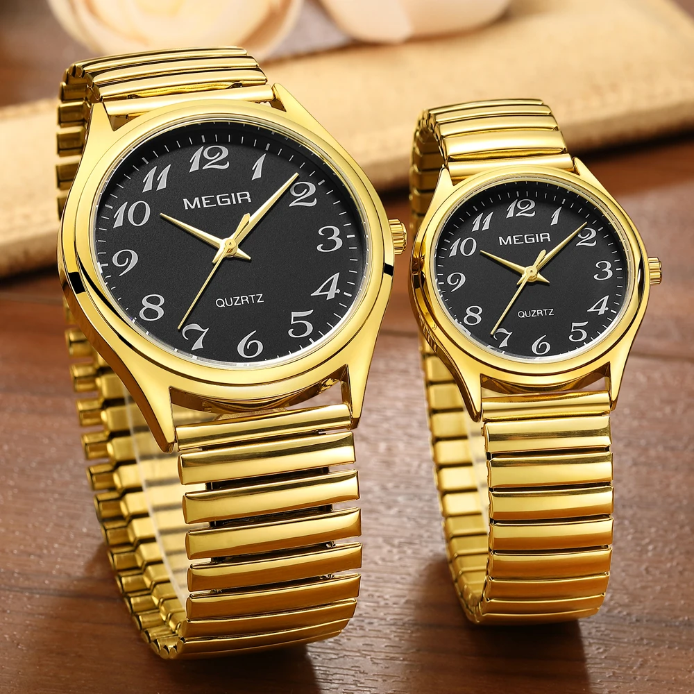MEGIR Top Luxury Couple Watch for Men Women Golden Stainless Steel Quartz Wrist Watches Lovers Analog Wristwatch Waterproof