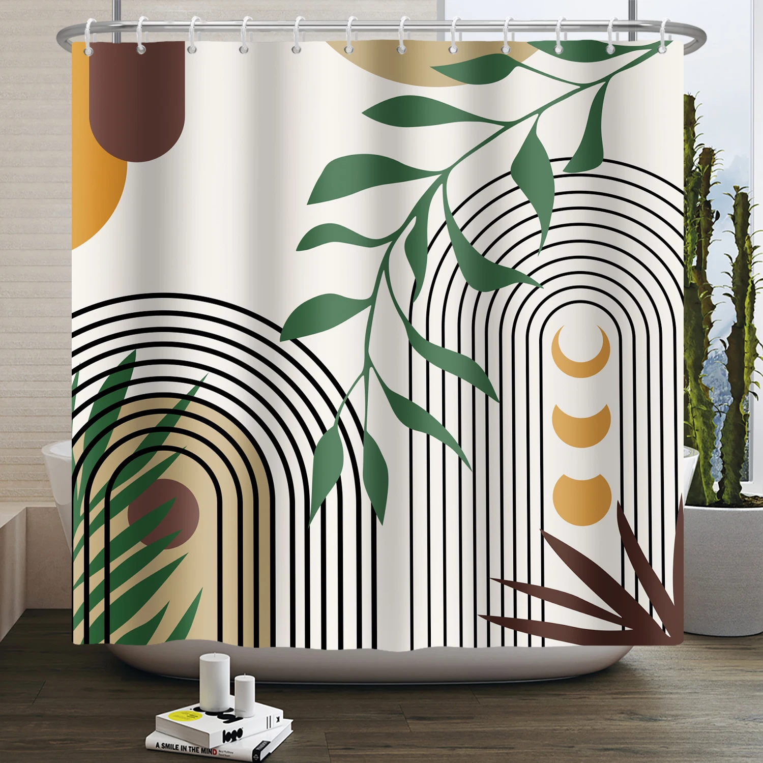 Nordic Wind Boho Shower Curtain for Bathroom Abstract Mid Century Modern Minimalist Geometric Arch Beige Bohemian Bath Curtain