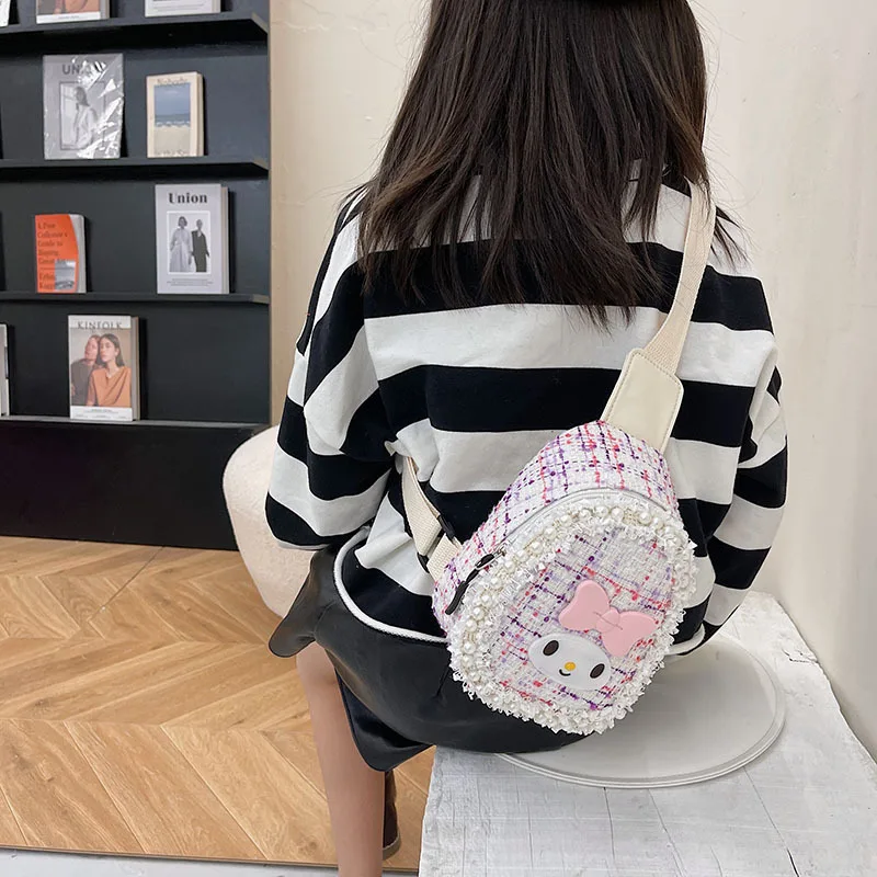 17Cm Sanrioed Cute Kawaii Cartoon Anime Bow Knot My Melody Cotton and Linen Kids Messenger Bag Mini Chest Bag Kids Backpack