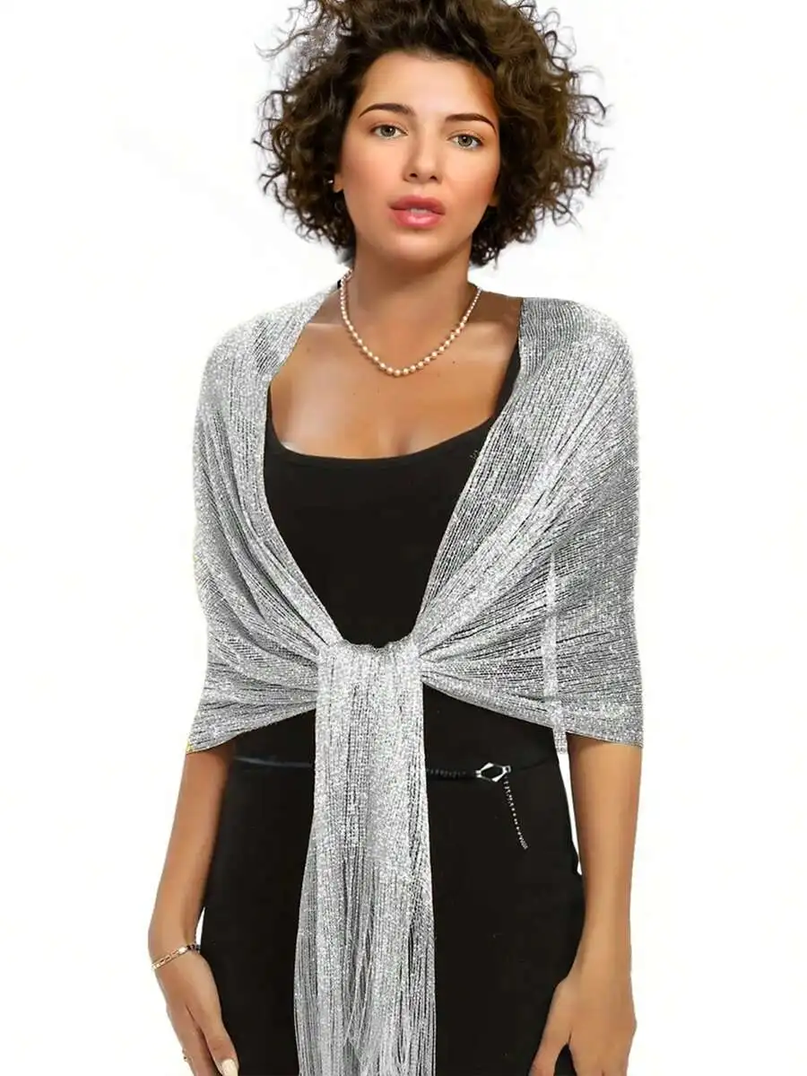 

Shiny Metallic Shawl With Tassel Fringe, Elegant Wrap For Women Party Banquet