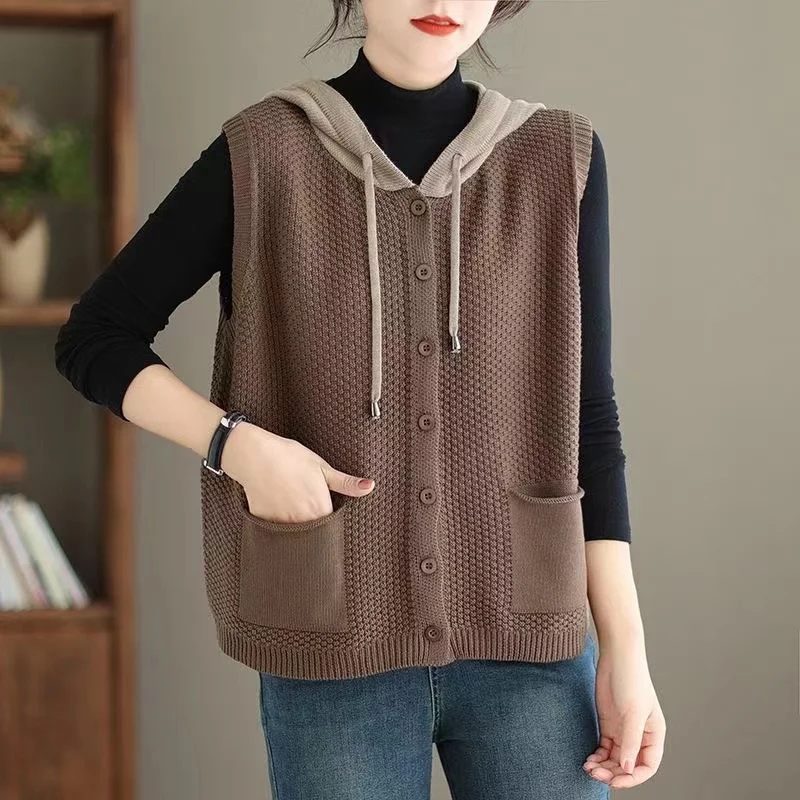 2024 New Hooded Knitted Vest Coat Women\'s Spring Autumn Sweater Sleeveless Jacket Design Sense Fashion Waistcoat Tide Female Top