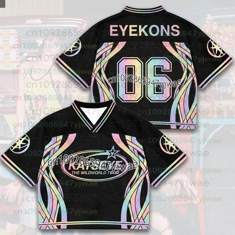 2026 Neues leuchtendes Katseye The Wildworld Tour Mesh-Jersey Geschenk für Eyekons Bunte gebogene Streifen Schwarzes T-Shirt für Männer Frauen Fans Oberteile – Detail 9