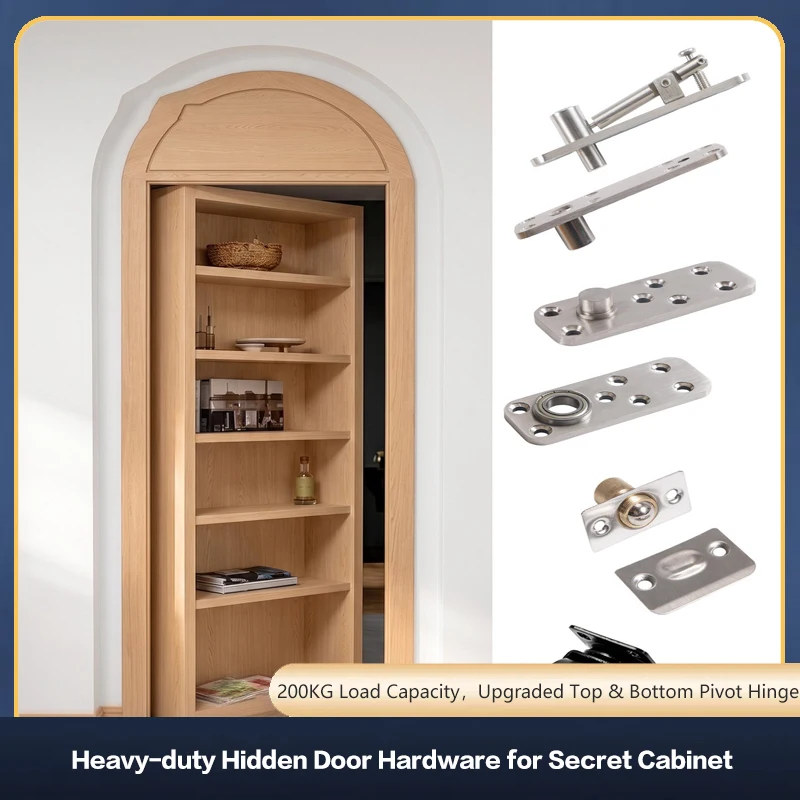 Heavy Duty Hidden Door Pivot Hinge For Bookshelf Secret Cabinet Inward Outward Swing Hardware Top Bottom Set Kit Rotating
