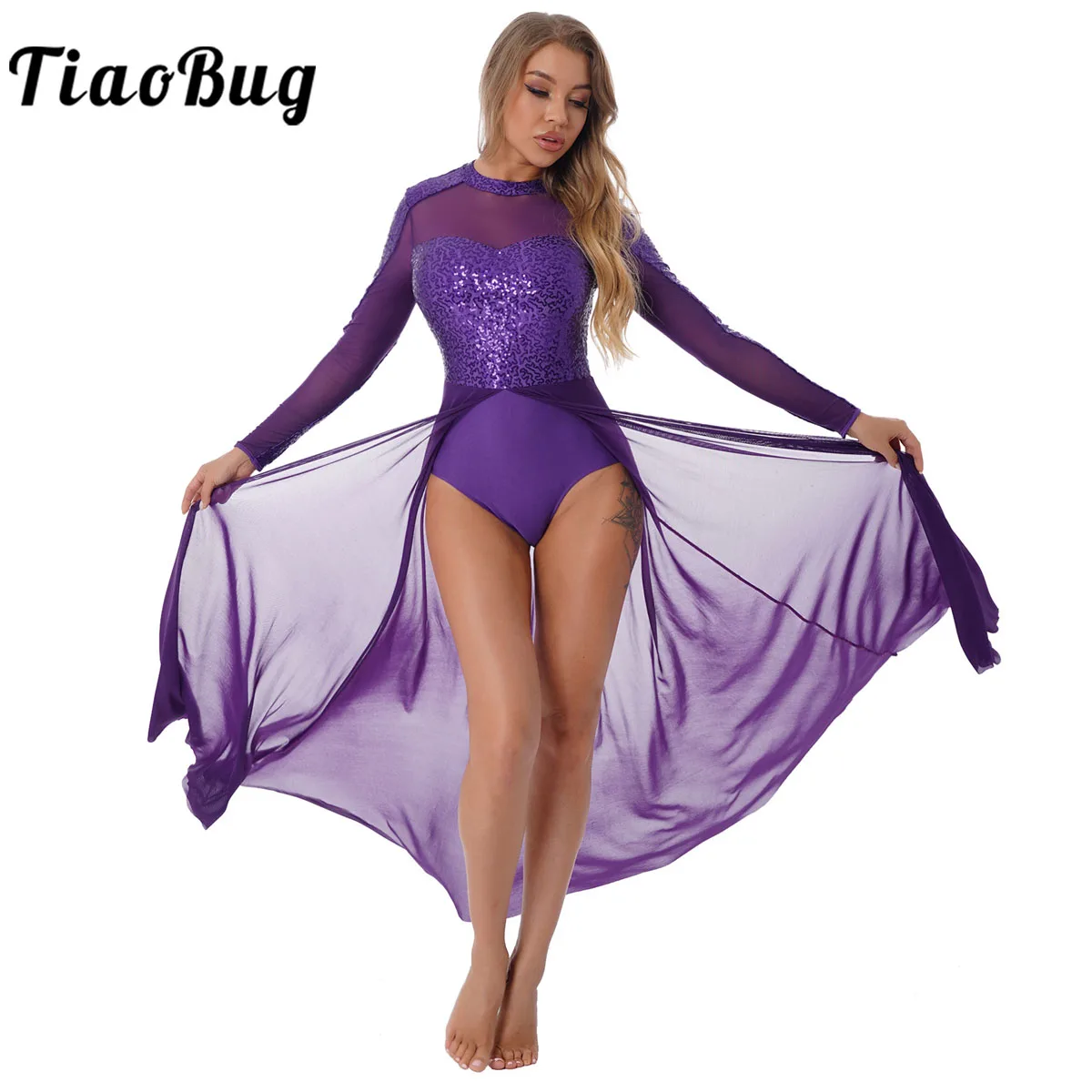 

Women Sparkling Sequins Contemporary Lyrical Dance Costume Sheer Mesh Splice Ballet Gymnastics Leotard Performance Dress