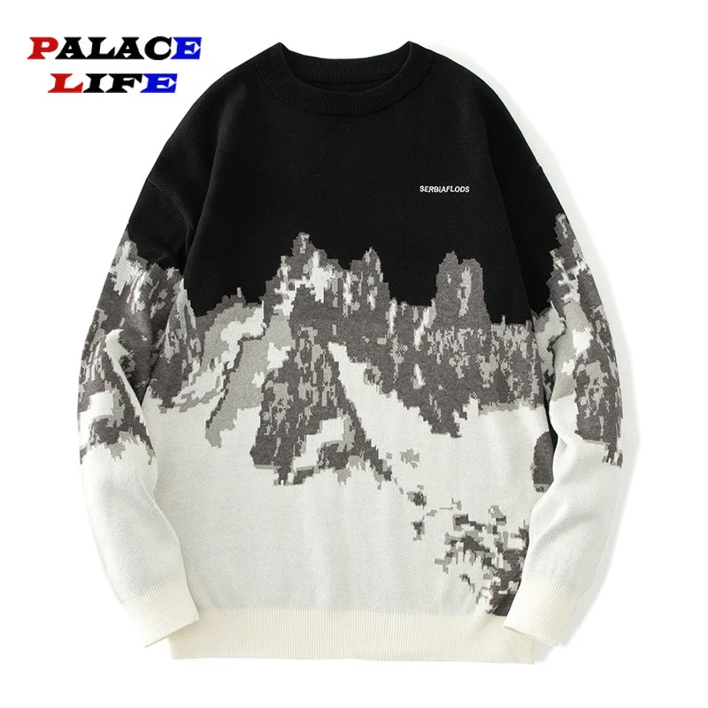 

Winter Snow Mountain Knitted Jumper Sweaters Streetwear Mens Hip Hop Harajuku Vintage Pullover Knitwear Top Fashion Outwear Male