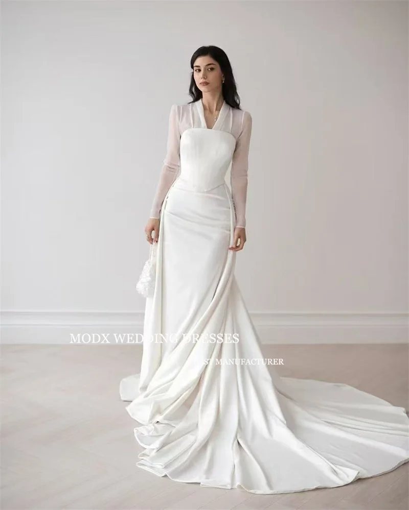 MODX Elegant White Satin Mermaid Wedding Dress A-Line V-Neck Long Sleeve Detachable Hem Sweep Train Bridal Gowns Customized