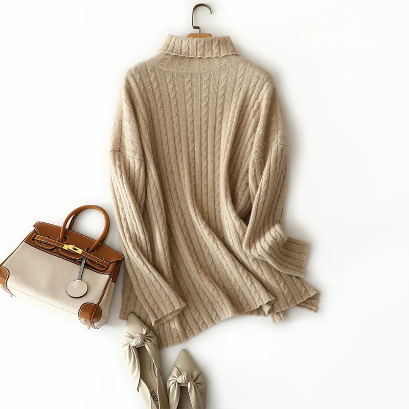 masigoch 100% cashmere cable knitted turtleneck sweaters women winter thick chic knitwear