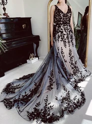 Zwarte trouwjurk mouwloze V-hals Boho strand bruidsjurk kapel trein kant geappliceerd op maat gemaakte gotische vestido de novia