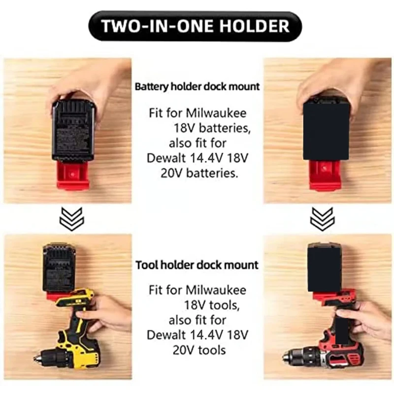 2-in-1 Power Tool Holder Battery Mount Hanger Stand for Dewalt 20V for Milwaukee 18V Battery and Tool Storage Rack Bracket