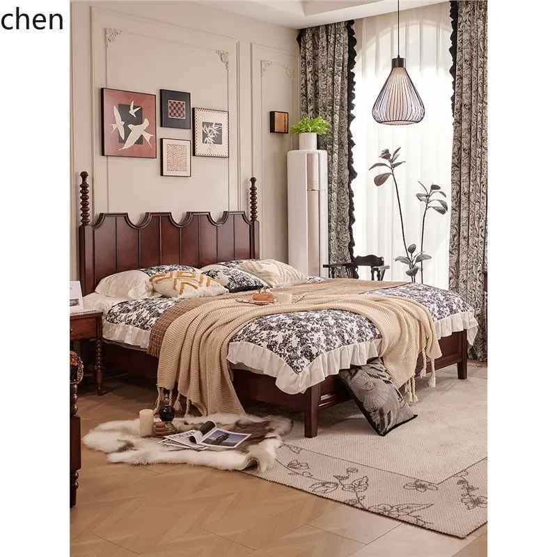 PYH Vintage Light Luxury Solid Wood Bed Retro Bed Double Wedding Master Bedroom High-End Elegant Vintage Style Bed
