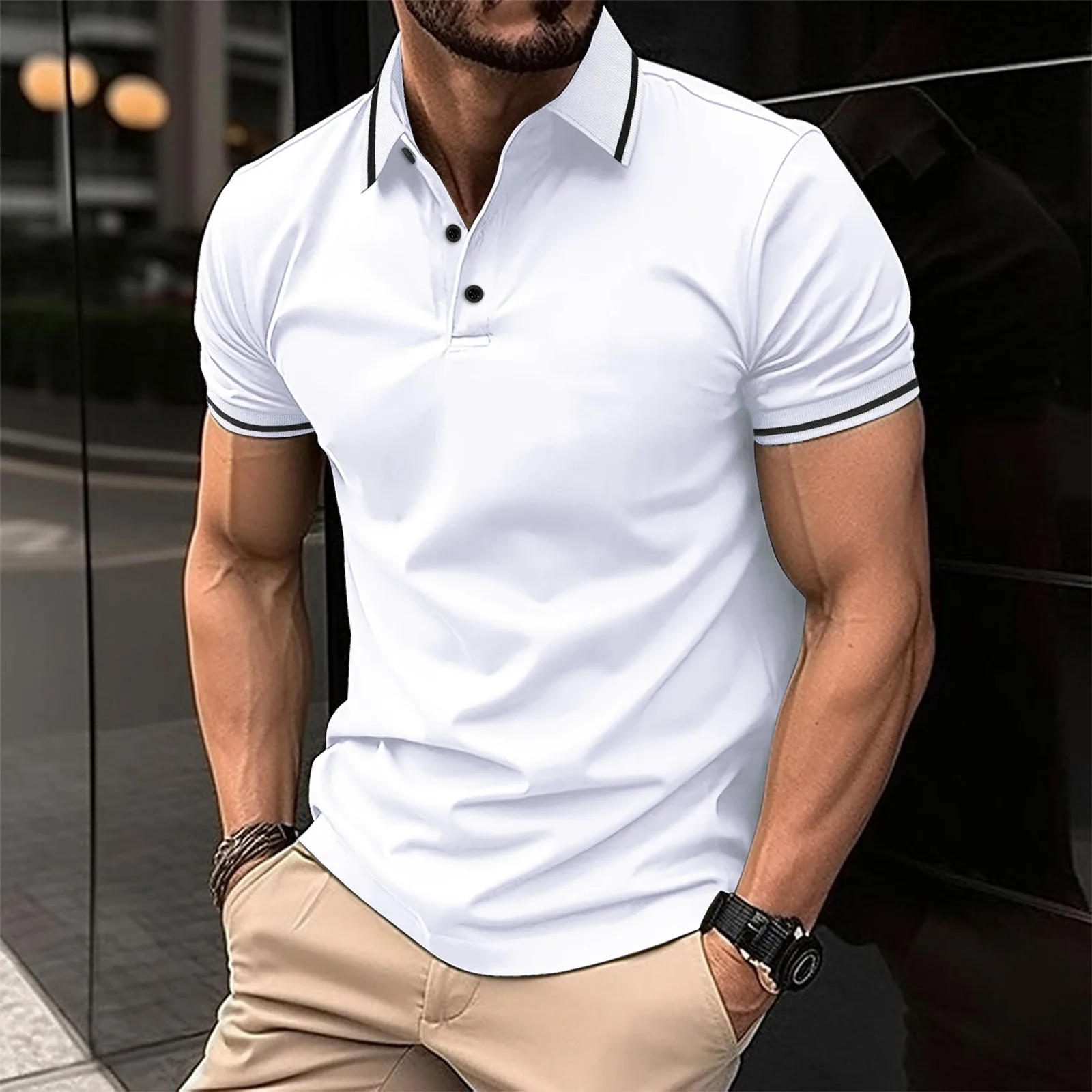 Men's color-blocked trimmed Polo shirt- short sleeve, casual style, buttoned front design