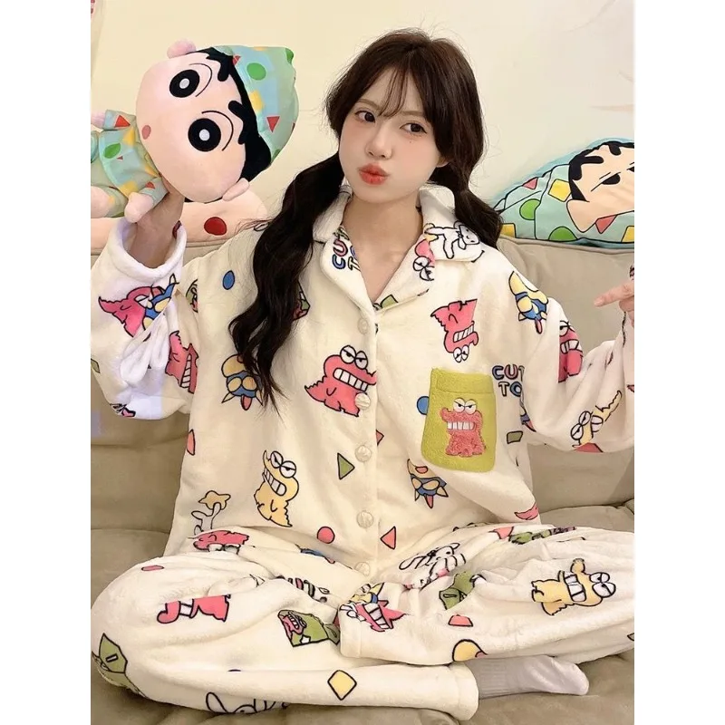2025 New Coral Velvet pajamas,  Cartoon Crayon Shin chan Crocodile Party, Cute Hello Kitty Autumn/Winter Home Furnishing Set