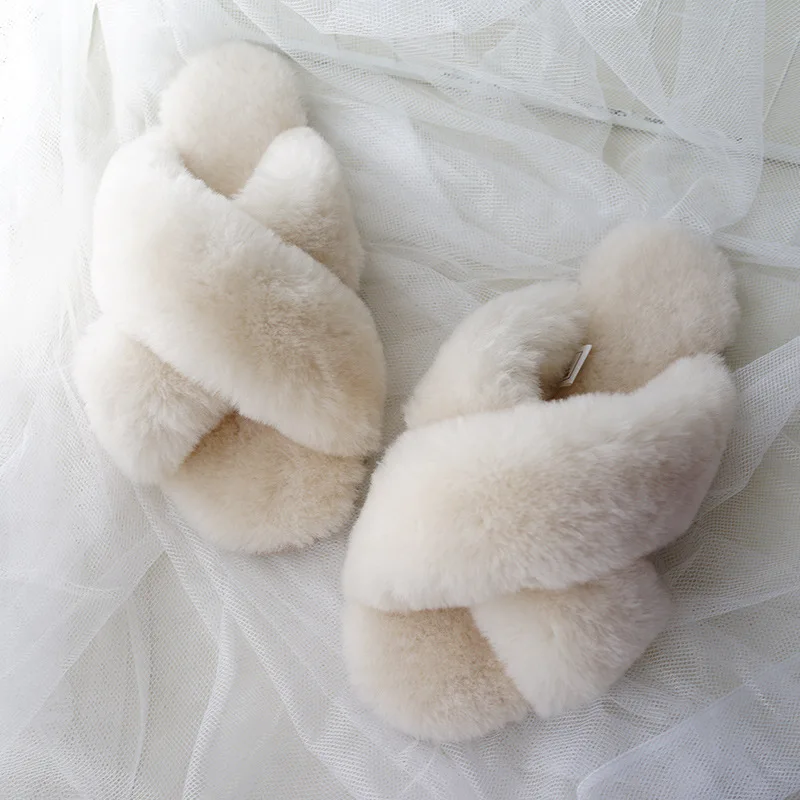 

Тапочки из натурального меха, женские зимние домашние тапочки из 100% толстой шерсти, повседневная обувь на плоской подошве из ТПР, нескользящие домашние тапочки, теплые шерстяные тапочки, размер 44,