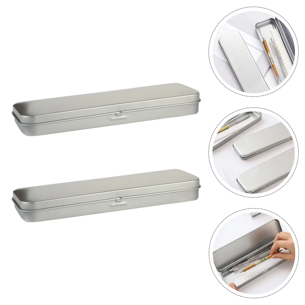 2 Pcs Pencil Cases Tinplate Stationery Box School Organizer Silver Supplies Multifunctional Student