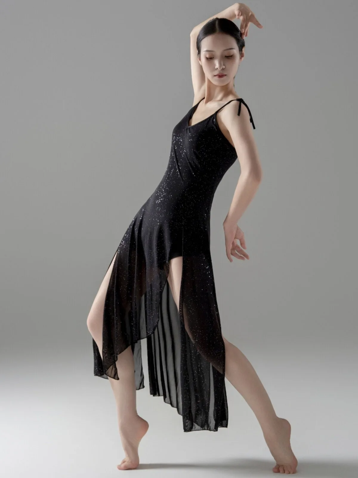 Classical dance veil dress dancer's practice outfit black sparkling irregular suspender long dress elastic dress