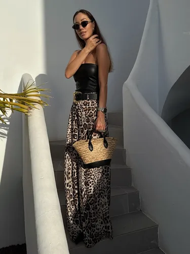 Imagen 2 del producto UNIZERA, pantalones de satén de leopardo con cinturón, pantalones de cintura alta, pantalones de pierna ancha, ropa de mujer, novedad de verano 2025, pantalones informales