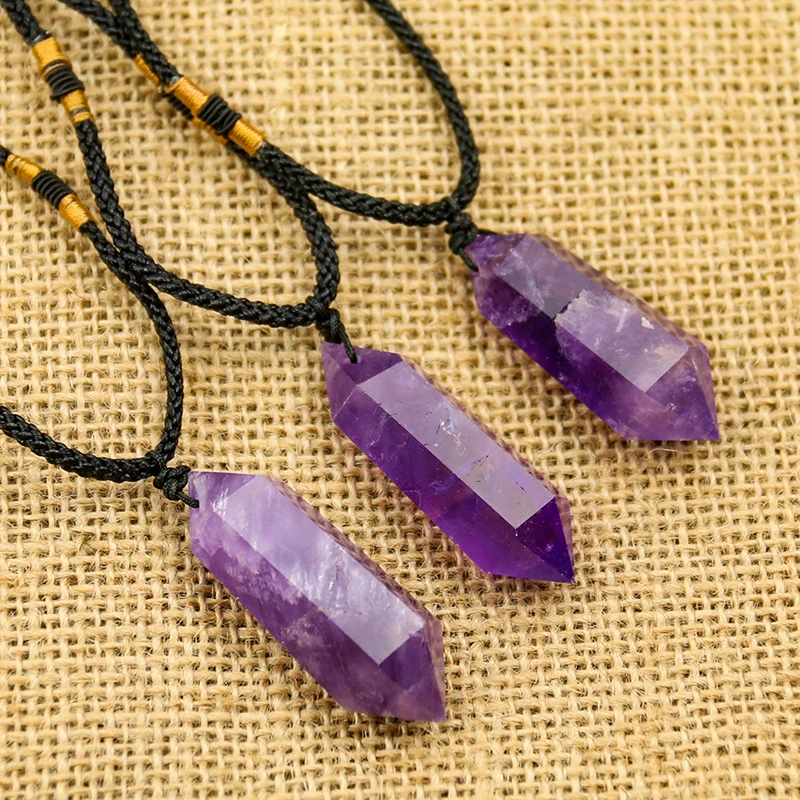 Natural Amethyst Herkimer Lavender Purple Pendant Quartz Hexagonal Pillar Ornament Energy Crystal Chakra Meditation Necklace