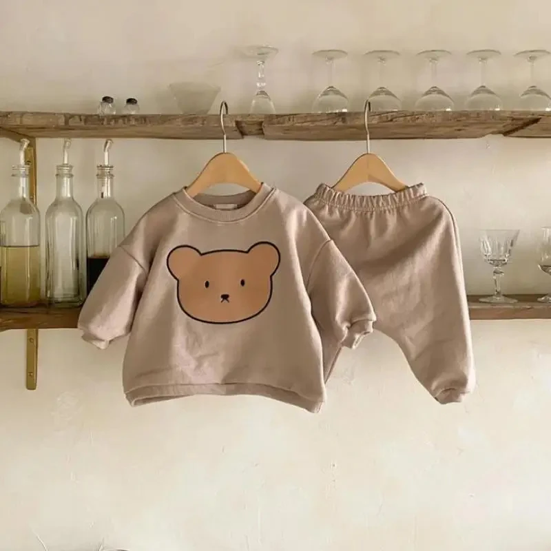 2024 Autumn Baby Girl Clothing Set Infant Cartoon Bear Print Tops + Pants 2 Pieces Suit Toddler Boys Cotton Sweatshirt Trousers