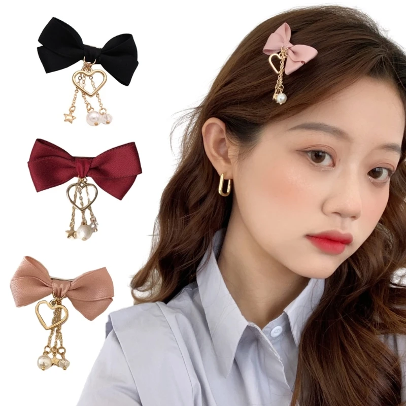 Sweet Girly Tassels Bow Hair Clip Bow Heart Y2K-style Bow Bunches Accessories Sweet Balletcore HXBA