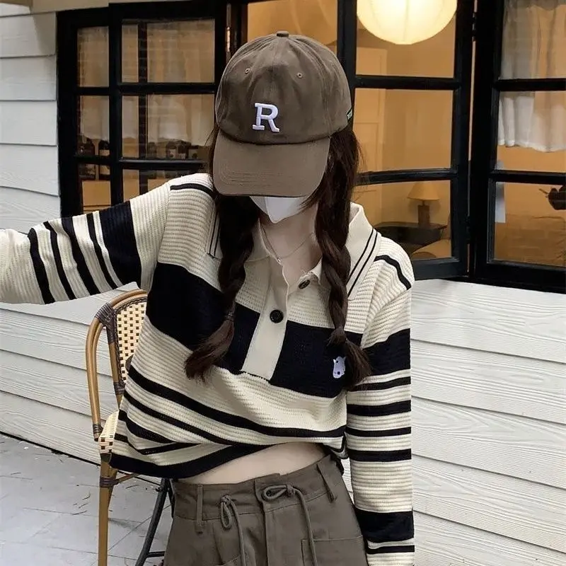 Polo Neck Striped Sweater Spring and Autumn New Niche Long-sleeved T-shirt Female Slim Top