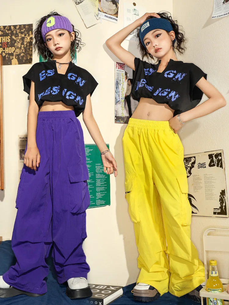

Kid Kpop Hip Hop Clothing Black Stretch Hem Crop Top T Shirt Purple Casual Cargo Pants for Girl Jazz Dance Wear Costume Clothes