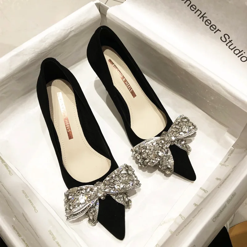 New Black Women\'s Rhinestone Bowknot Pumps Sexy Strappy Rhinestone Open Toe Shoes High Heels Shoes Fashion Work Dress Shoes