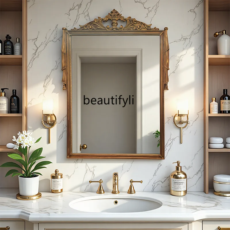 

French Retro Wall Fireplace Mirror Carved Background Wall Hanging Home Decor Mirror European Style