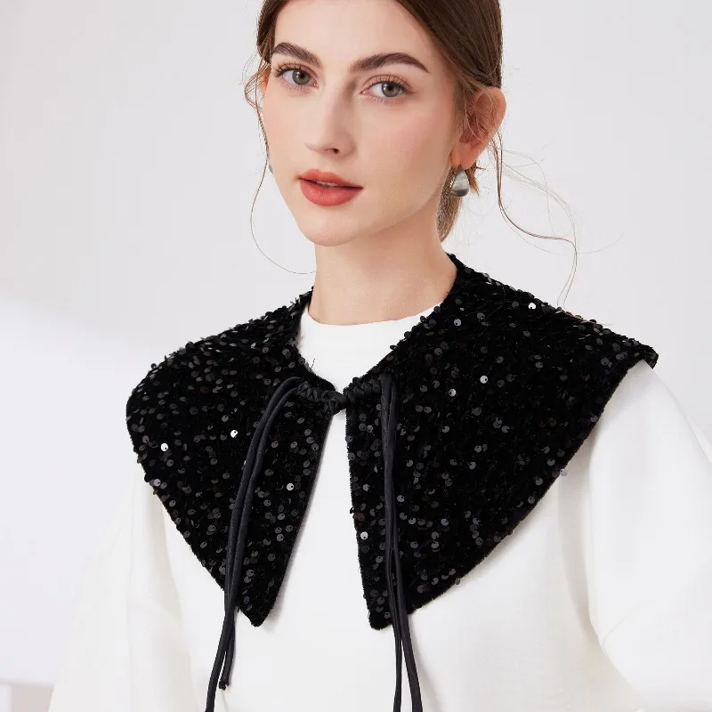 여성용 셔츠 가짜 칼라, 여성용 스팽글 장식 클래식 라펠 셔츠, 탈부착 가능한 숄 가짜 칼라, 여성 및 소녀 의류용