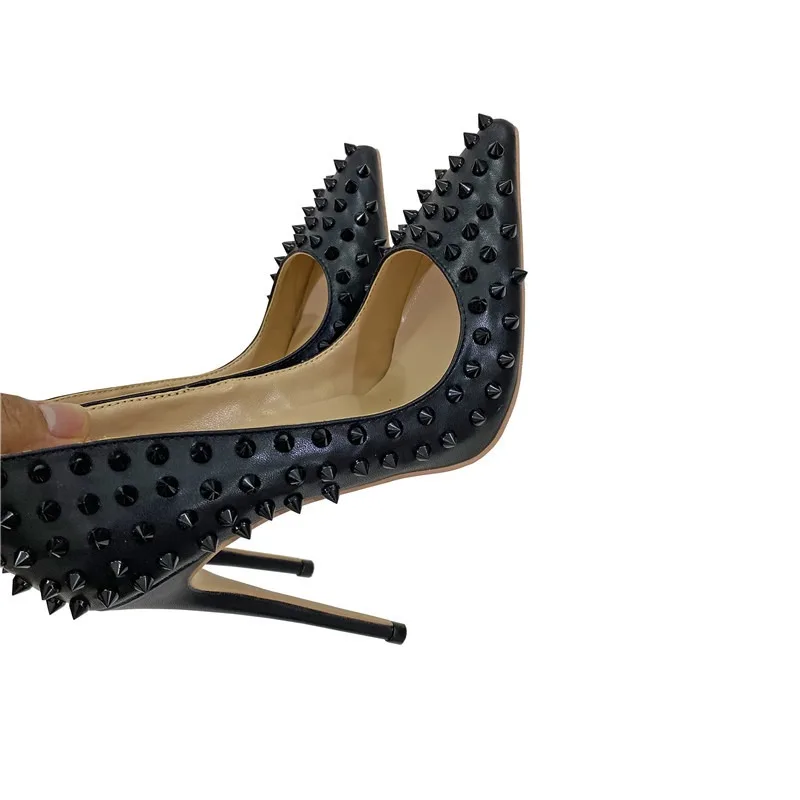 Black Spikes Women Pointed Toe Stilettos Sexy High Heels Rivets Ladies Slip-on Pumps Night Club Shoes 12/10/8cm Optional