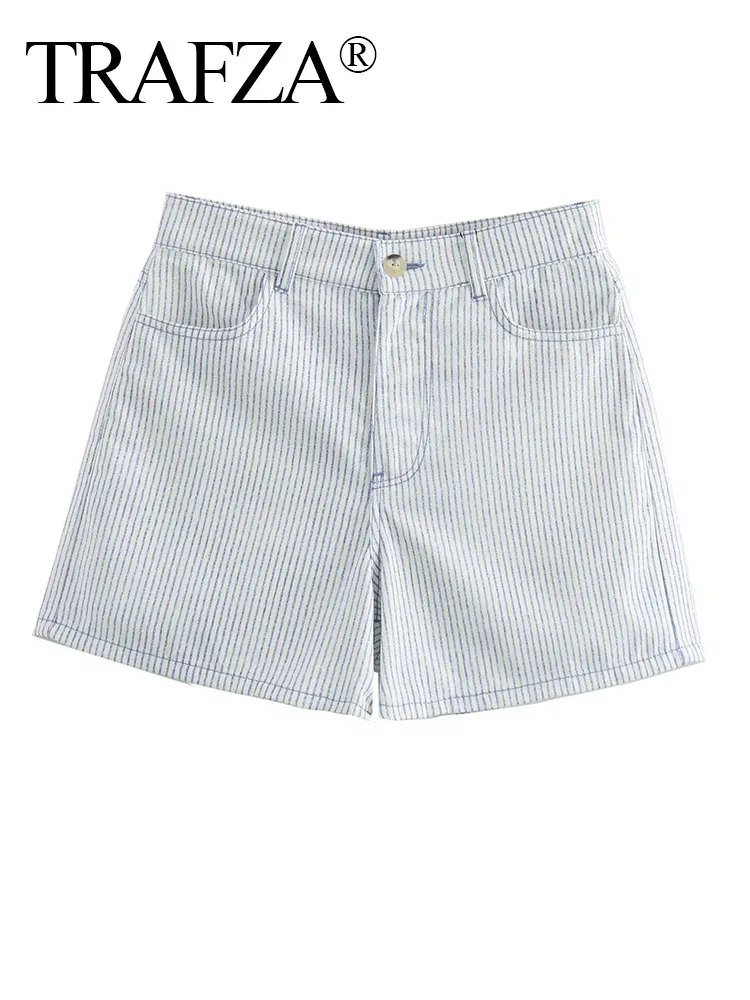 

TRAFZA Women Summer New Elegant Shorts Short Pant Woman Pockets Decorate Versatile Female Striped Zipper Button Shorts Mujer