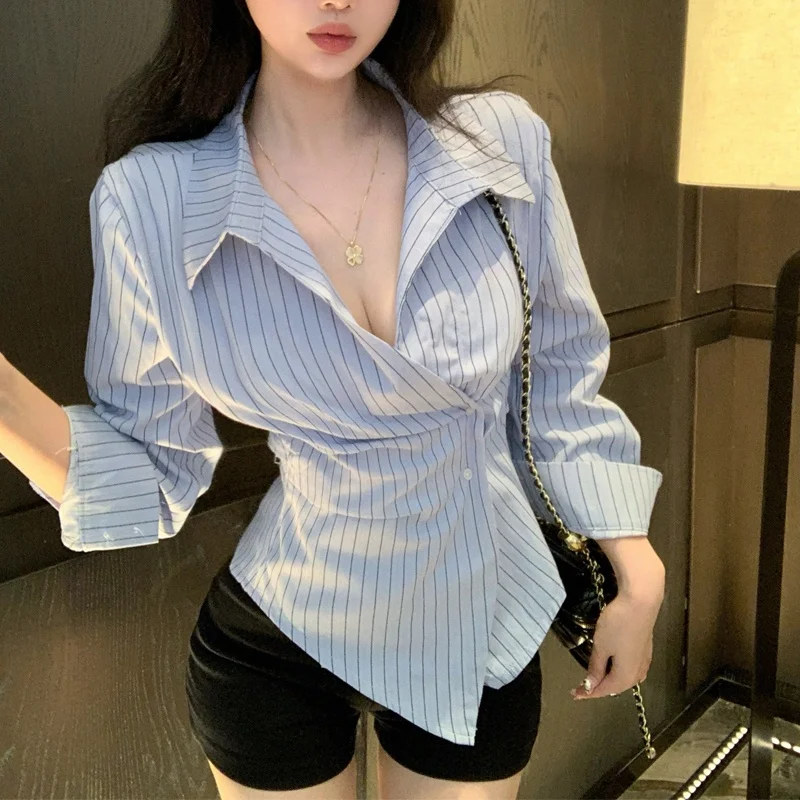 

Ele Long Sve Striped irt Women's Design Sense Cross V-ne Slimming Top Autumn Korean Sle Commute Pure Cotton