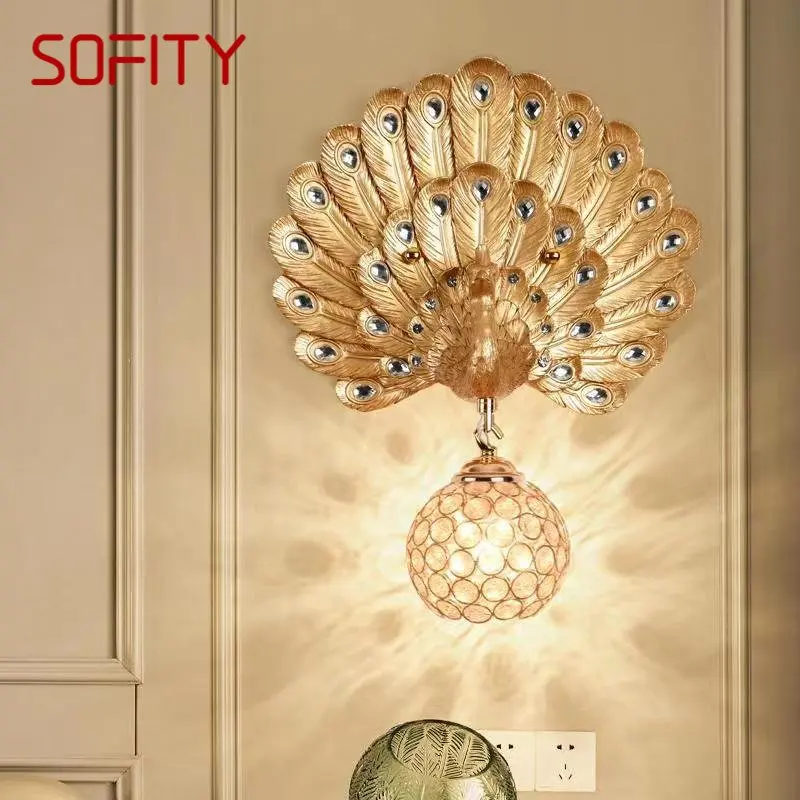 SOFITY Contemporary Resin Peacock Wall Light LED Gold Creative Crystal Sconce Lamps For Home Living Room Bedroom Decor