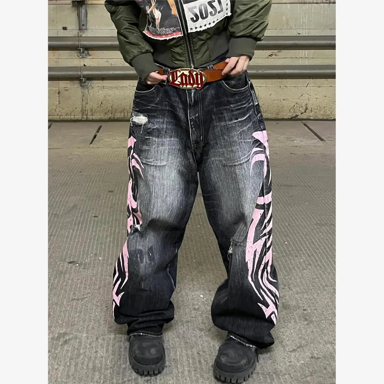 

Jaded London American Retro Pattern Printed Waed Denim Wide Leg Pants High Waist Straight Cut Long Trousers for Women