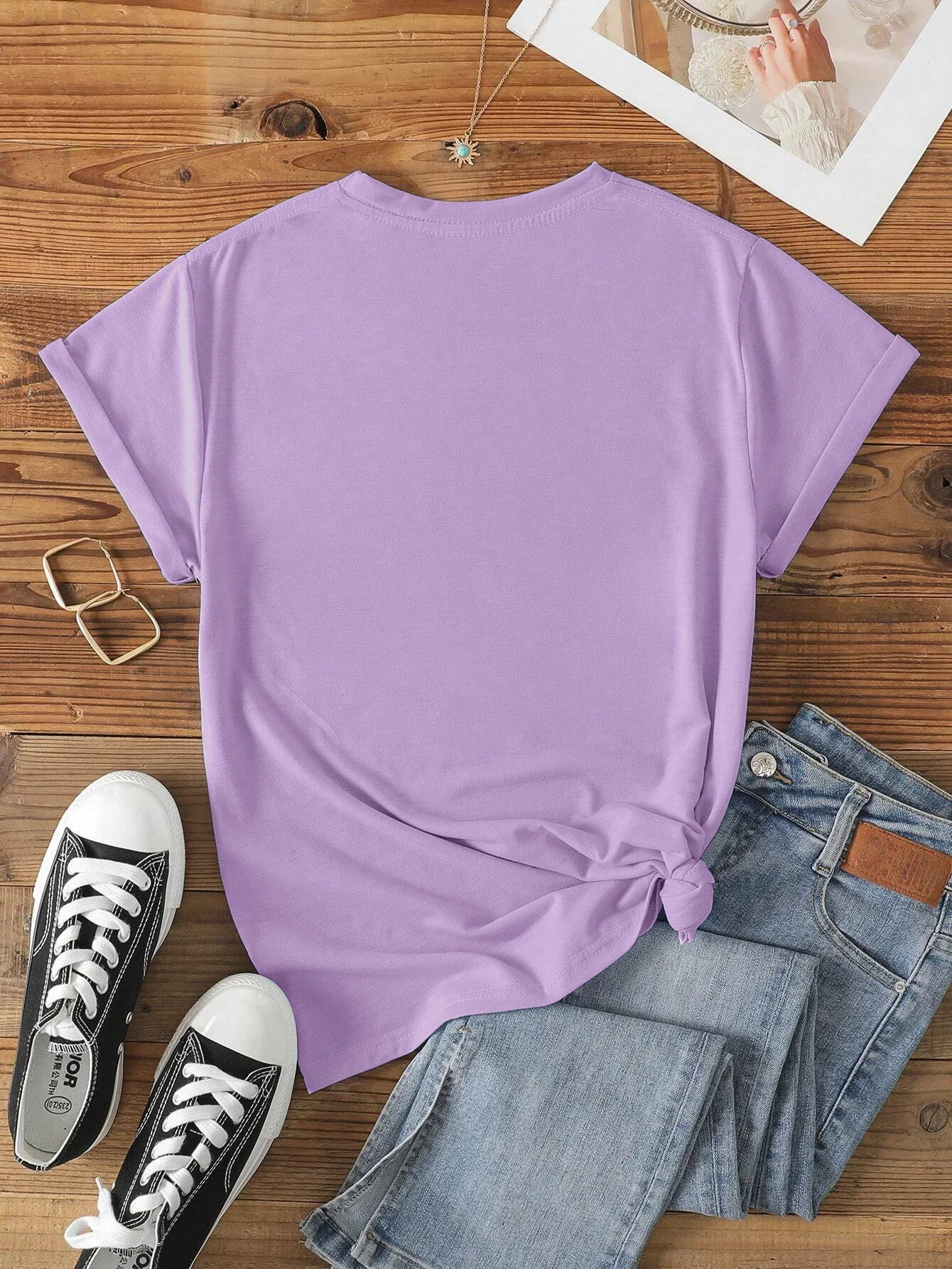 Cartoon Smiley Face Print T-shirt Casual Crew Neck Short Sleeve Purple Cute Fashion