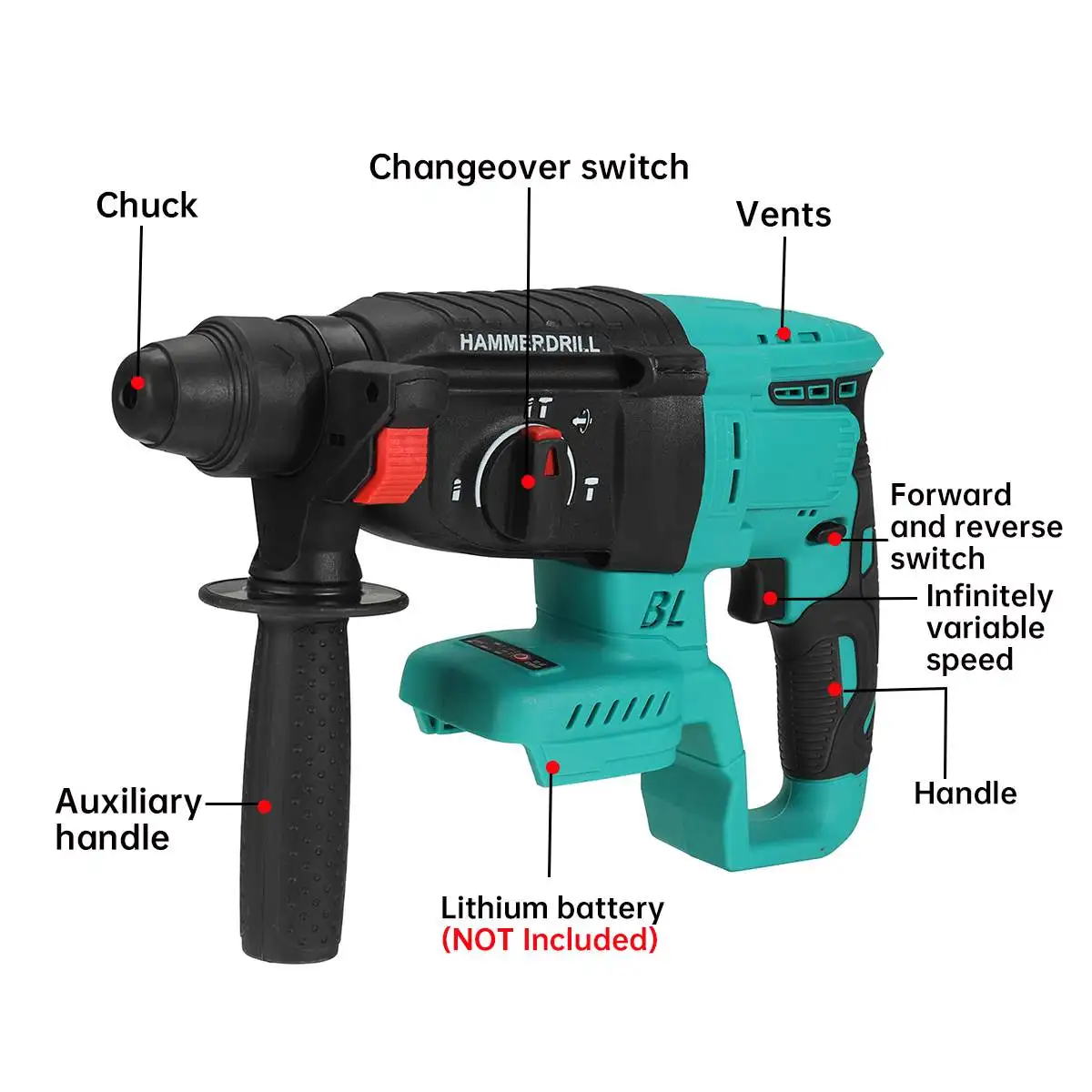 OceanHeart Brushless Electric Hammer 4 Functions Cordless Rechargeable Rotary Impact Drill Power Tools For Makita 18V Battery